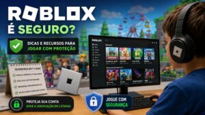 Criança jogando Roblox com configurações de segurança ativadas.