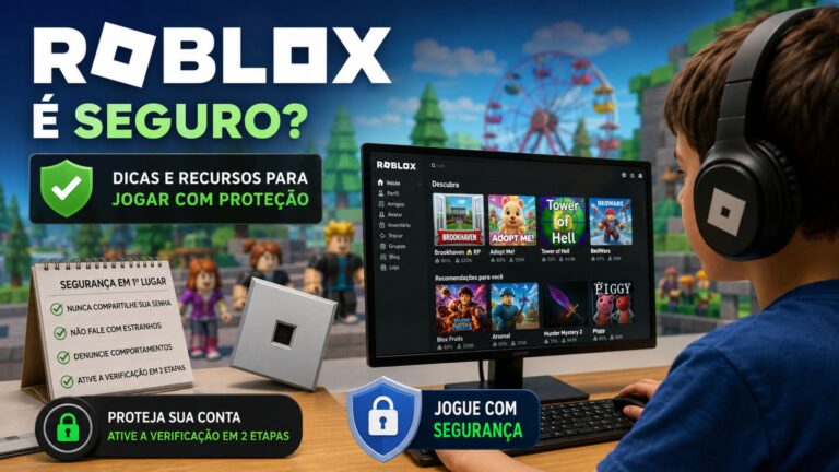 Criança jogando Roblox com configurações de segurança ativadas.