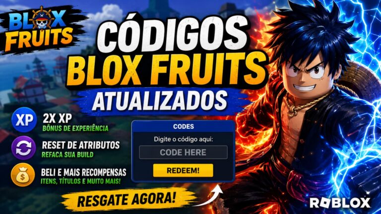 Códigos ativos de Blox Fruits para ganhar XP em dobro e reset de atributos no Roblox.