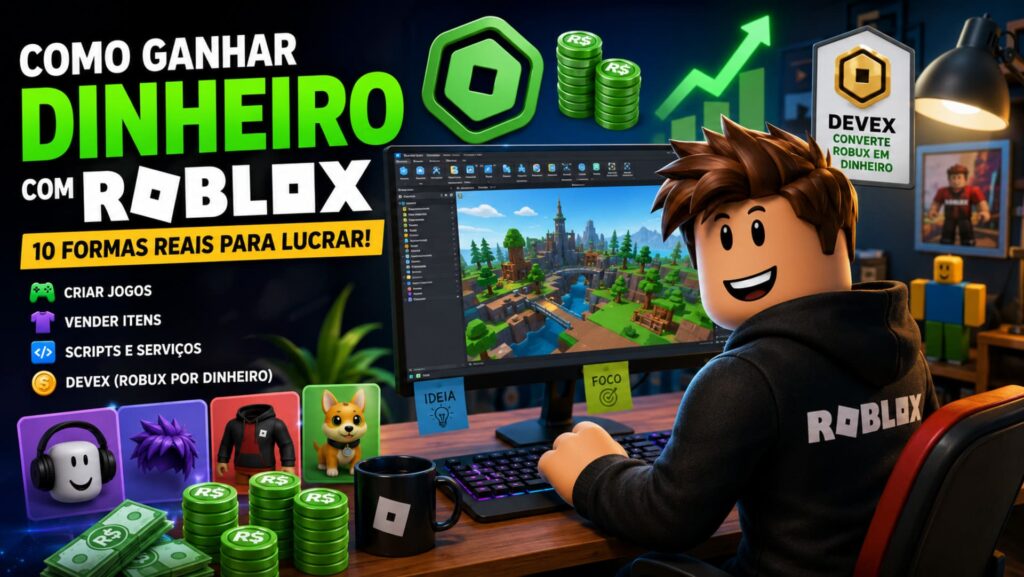 Jovem desenvolvendo um jogo no Roblox Studio para ganhar dinheiro com Roblox.