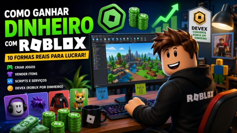 Jovem desenvolvendo um jogo no Roblox Studio para ganhar dinheiro com Roblox.