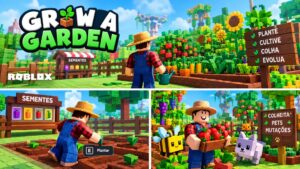 Grow a Garden no Roblox com uma fazenda e plantações.