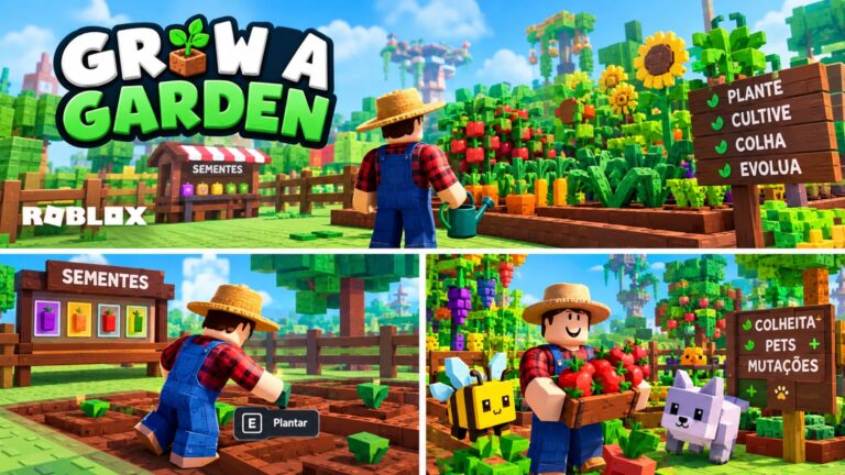 Grow a Garden no Roblox com uma fazenda e plantações.