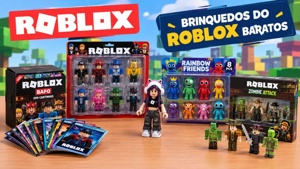Brinquedos do Roblox baratos com bonecos articulados, miniaturas e cartas colecionáveis.